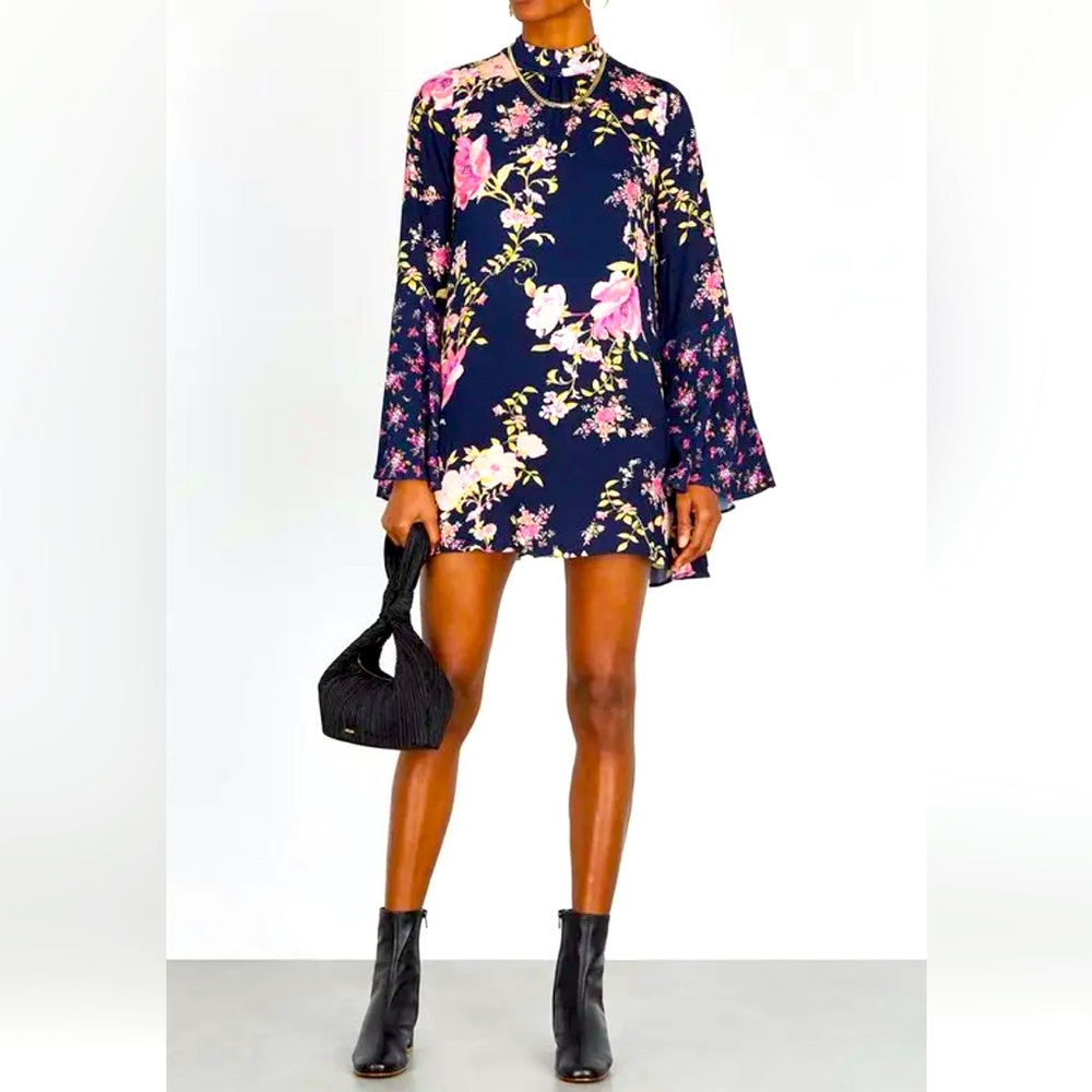 Free People Tate Floral Print Tunic Dress Fairy Garden Party Size M Bell Sleeve